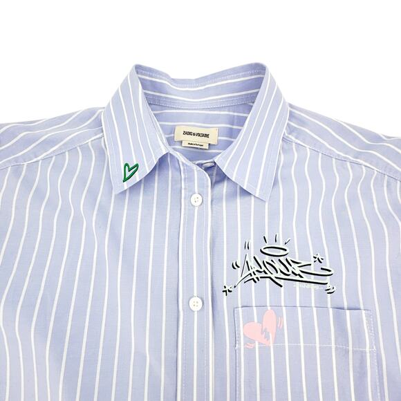 ZADIG & VOLTAIRE Tais Raye Tag Stripe Cotton Graphic Shirt S - Picture 5 of 9